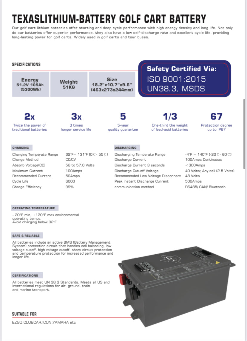 Texas Lithium 51V 105Ah Golf Cart Battery Datasheet