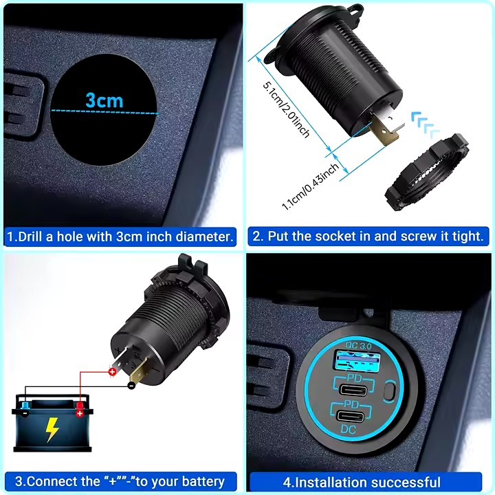 USB Type C & QC3.0 Charging Port Socket