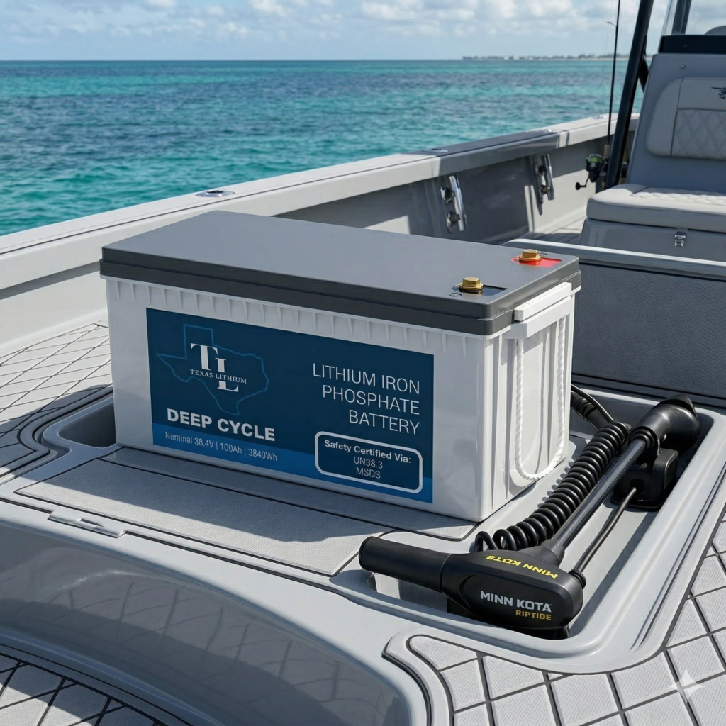 36V 100Ah Texas Lithium Battery on a boat with a Trolling Motor
